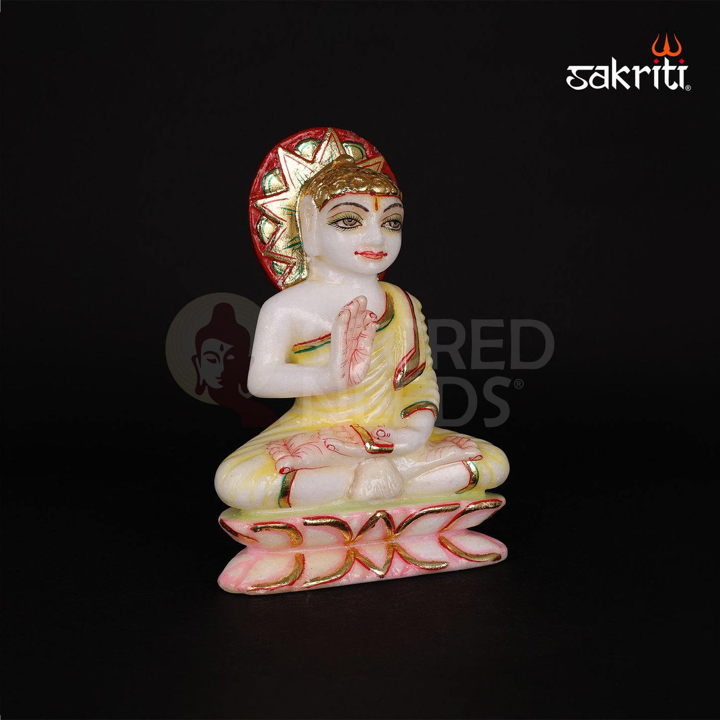 Marble Gowtham (Red & Green) – 7 Inch Height | Colorful Marble Buddha Statue for Home