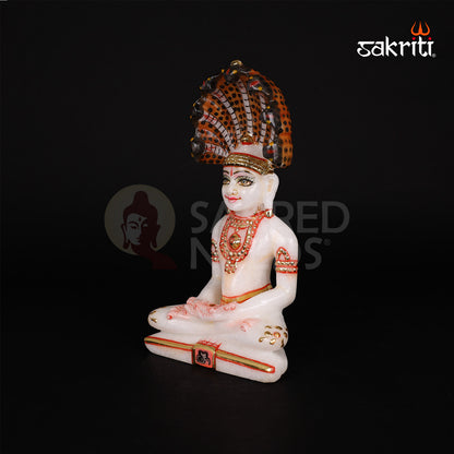 Marble Jain Tirthankar with Snake – 7 Inch Height | White Marble Tirthankar Statue with Serpent Canopy for Pooja Decor