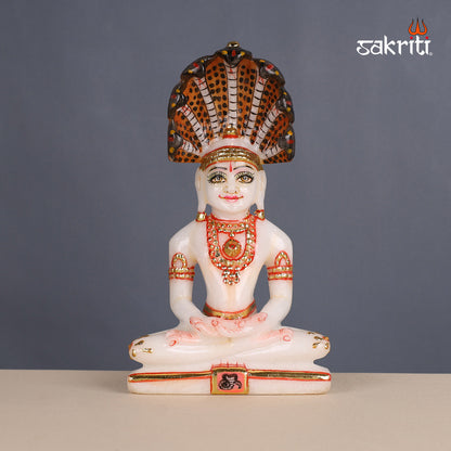 Marble Jain Tirthankar with Snake – 7 Inch Height | White Marble Tirthankar Statue with Serpent Canopy for Pooja Decor