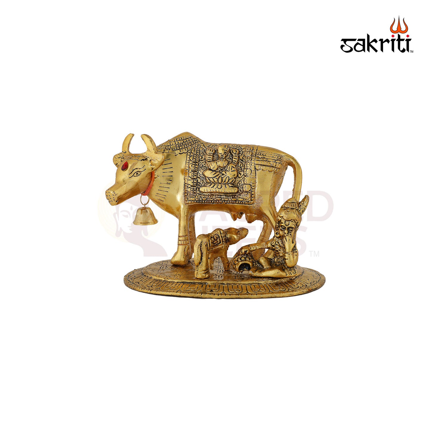 Aluminium Cow with Ladoo Krishna Idol Gold Polish – 4.2 Inch Religious Figurine