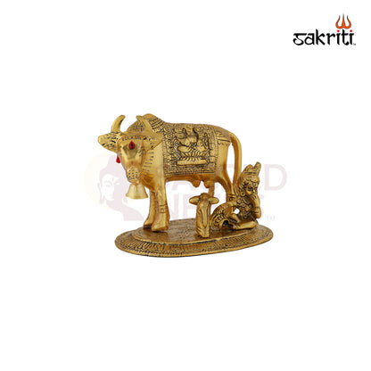 Aluminium Cow with Ladoo Krishna Idol Gold Polish – 4.2 Inch Religious Figurine