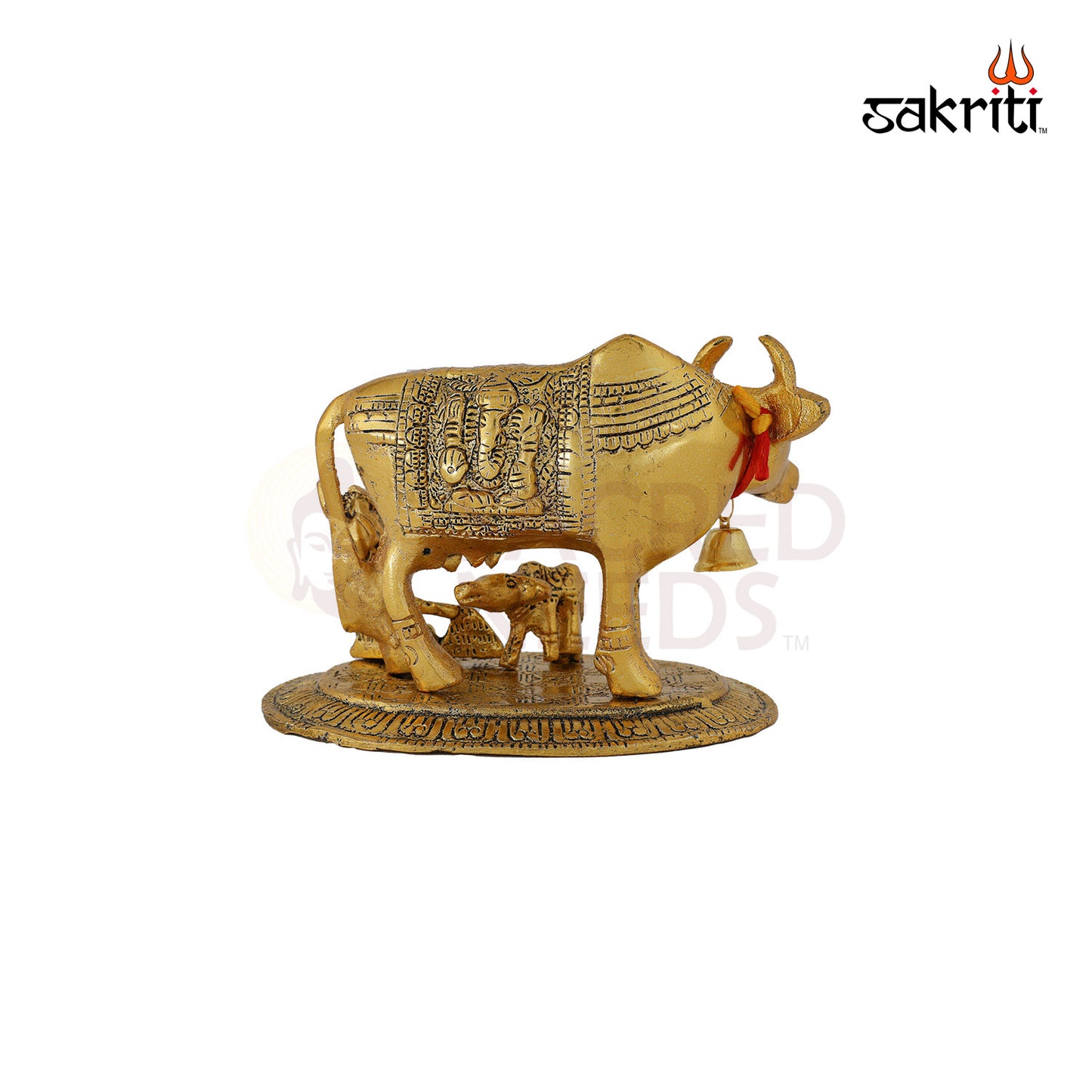 Aluminium Cow with Ladoo Krishna Idol Gold Polish – 4.2 Inch Religious Figurine