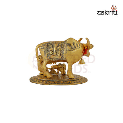 Aluminium Cow with Ladoo Krishna Idol Gold Polish – 4.2 Inch Religious Figurine