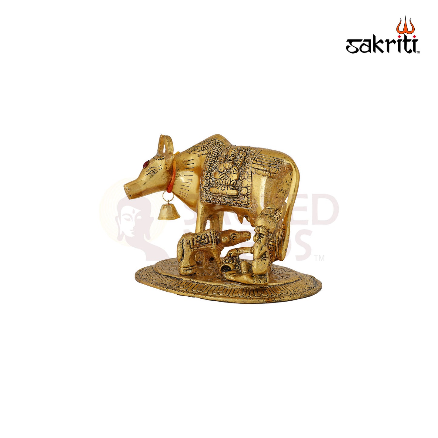 Aluminium Cow with Ladoo Krishna Idol Gold Polish – 4.2 Inch Religious Figurine