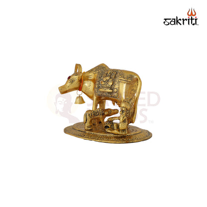 Aluminium Cow with Ladoo Krishna Idol Gold Polish – 4.2 Inch Religious Figurine
