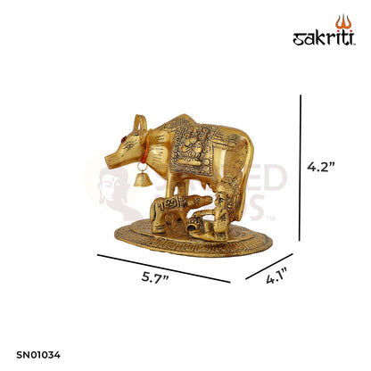 Aluminium Cow with Ladoo Krishna Idol Gold Polish – 4.2 Inch Religious Figurine