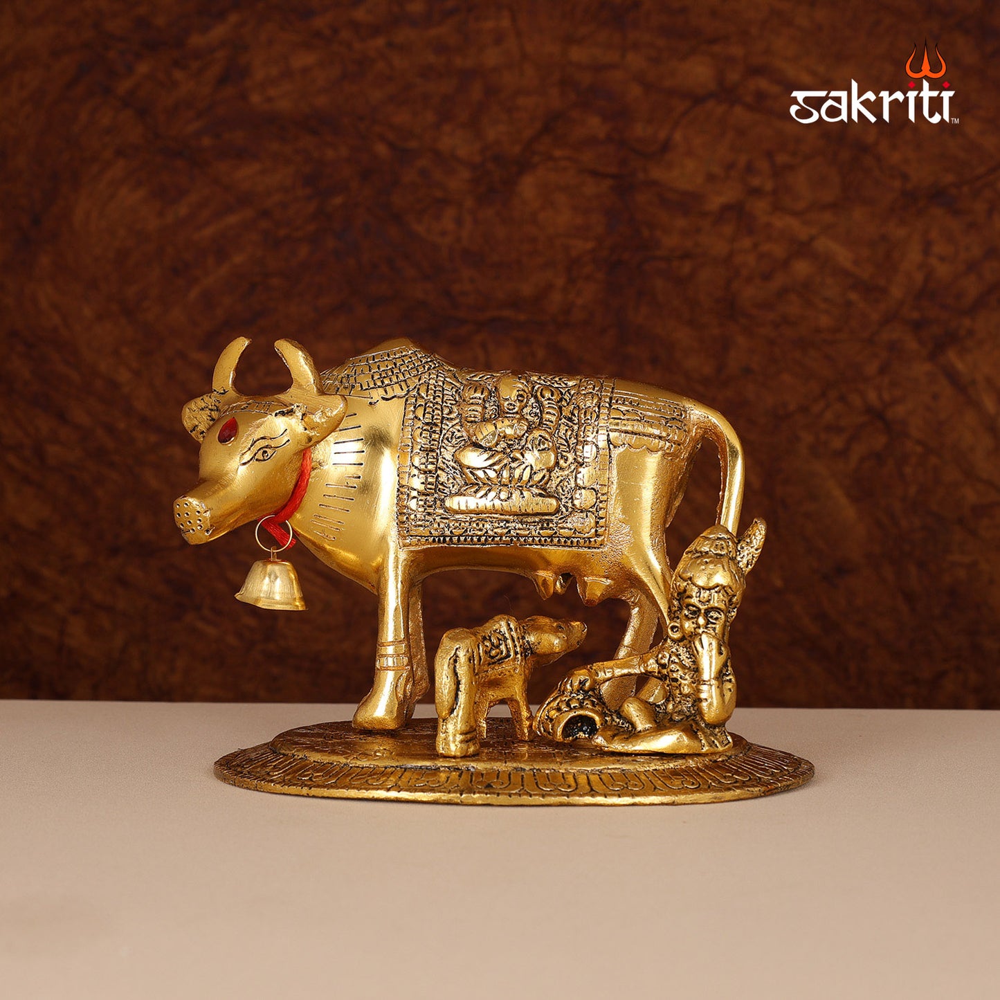Aluminium Cow with Ladoo Krishna Idol Gold Polish – 4.2 Inch Religious Figurine