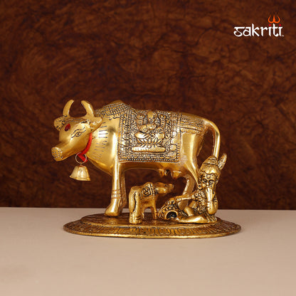 Aluminium Cow with Ladoo Krishna Idol Gold Polish – 4.2 Inch Religious Figurine