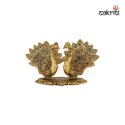 Aluminium Double Peacock Figurine Gold Polish – 5.8 Inch Festive Decorative Idol