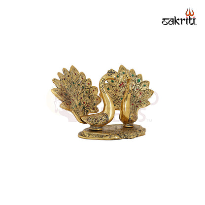 Aluminium Double Peacock Figurine Gold Polish – 5.8 Inch Festive Decorative Idol