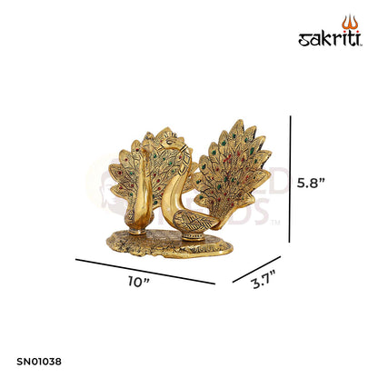 Aluminium Double Peacock Figurine Gold Polish – 5.8 Inch Festive Decorative Idol