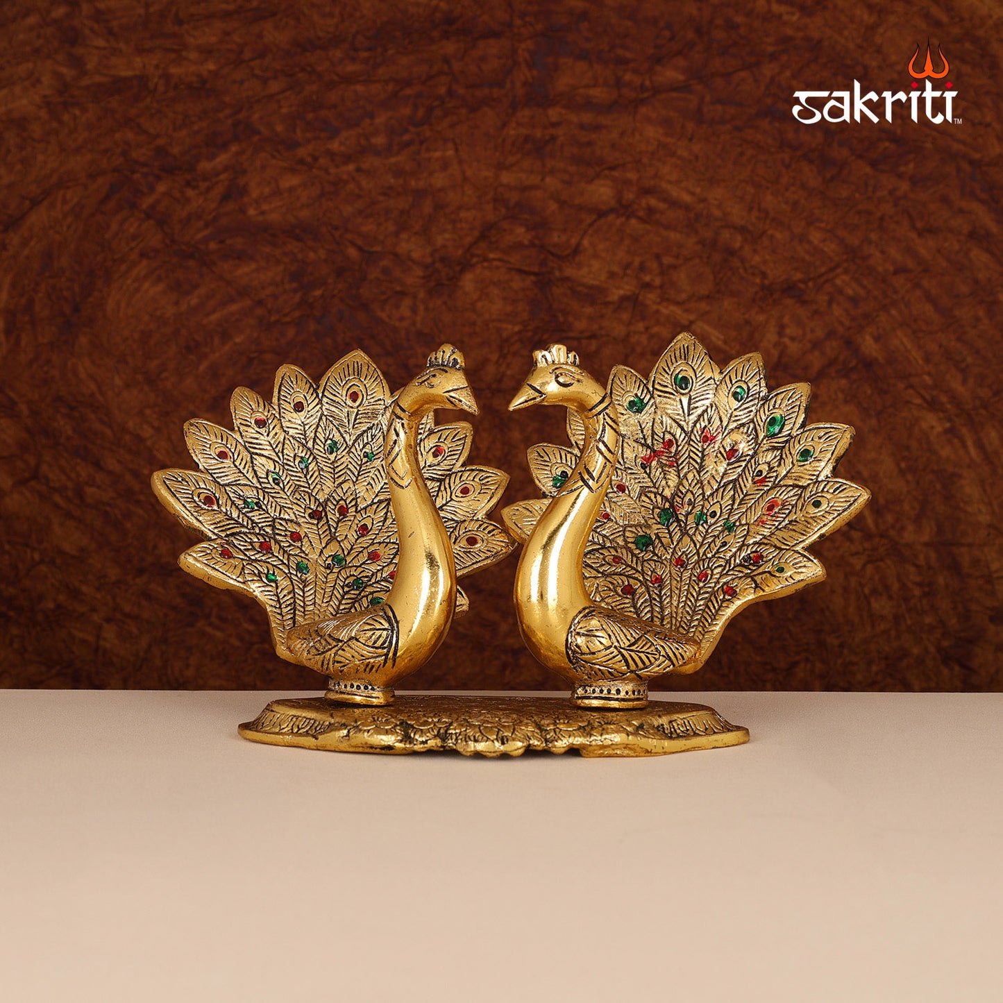 Aluminium Double Peacock Figurine Gold Polish – 5.8 Inch Festive Decorative Idol