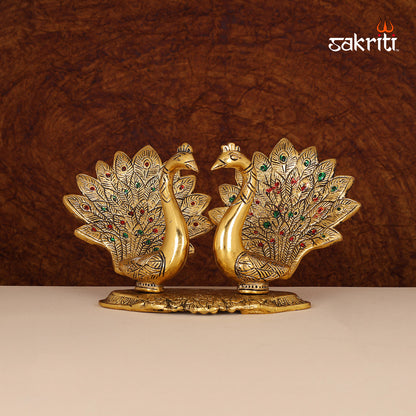 Aluminium Double Peacock Figurine Gold Polish – 5.8 Inch Festive Decorative Idol