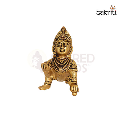 Brass Krishna with Ladoo – 4.1 Inch Little Krishna Decorative Idol for Home