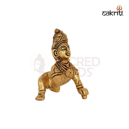 Brass Krishna with Ladoo – 4.1 Inch Little Krishna Decorative Idol for Home