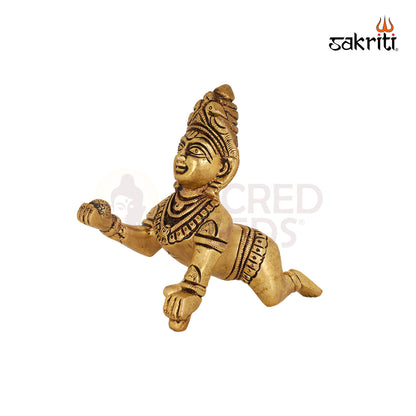 Brass Krishna with Ladoo – 4.1 Inch Little Krishna Decorative Idol for Home