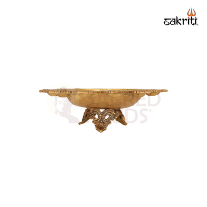 Brass Urli with Diya – 14  Inch length Decorative Bowl with Lamp for Flower or Oil Display