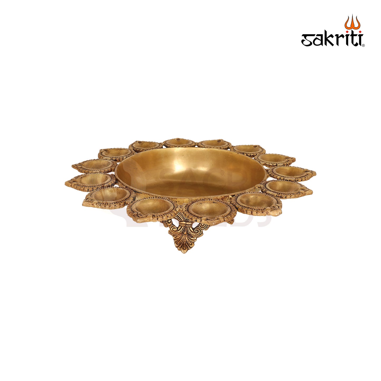 Brass Urli with Diya – 14  Inch length Decorative Bowl with Lamp for Flower or Oil Display