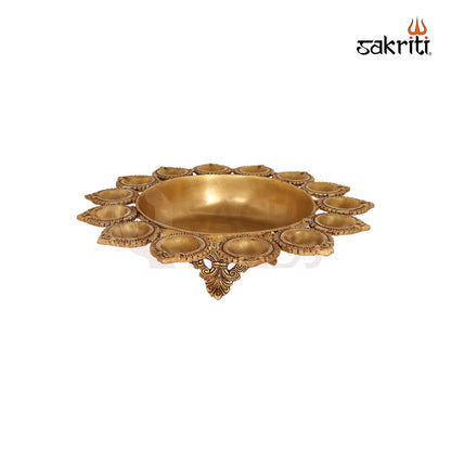 Brass Urli with Diya – 14  Inch length Decorative Bowl with Lamp for Flower or Oil Display