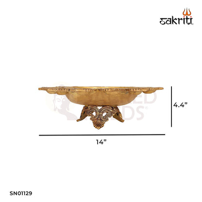 Brass Urli with Diya – 14  Inch length Decorative Bowl with Lamp for Flower or Oil Display