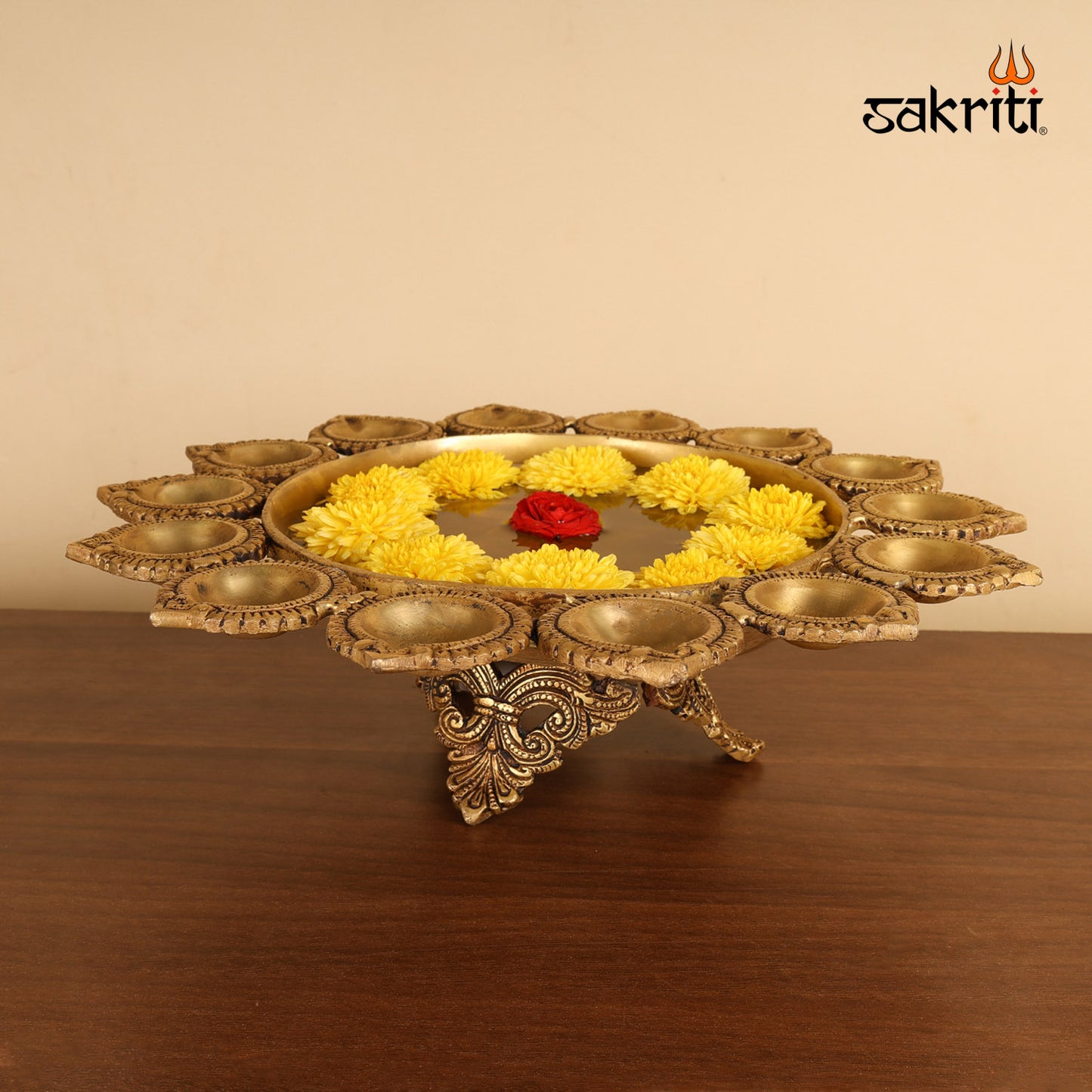 Brass Urli with Diya – 14  Inch length Decorative Bowl with Lamp for Flower or Oil Display