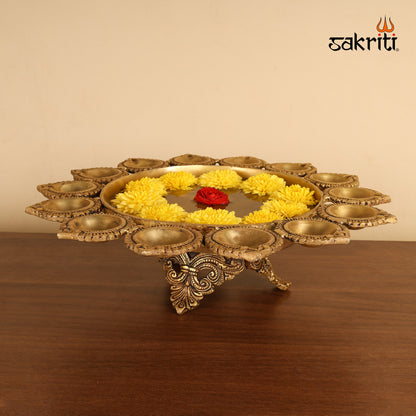 Brass Urli with Diya – 14  Inch length Decorative Bowl with Lamp for Flower or Oil Display
