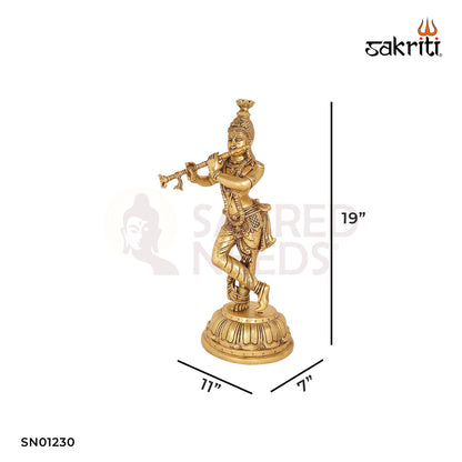 Brass Flute Krishna – 19 Inch Lord Krishna Playing Flute for Devotional Corners