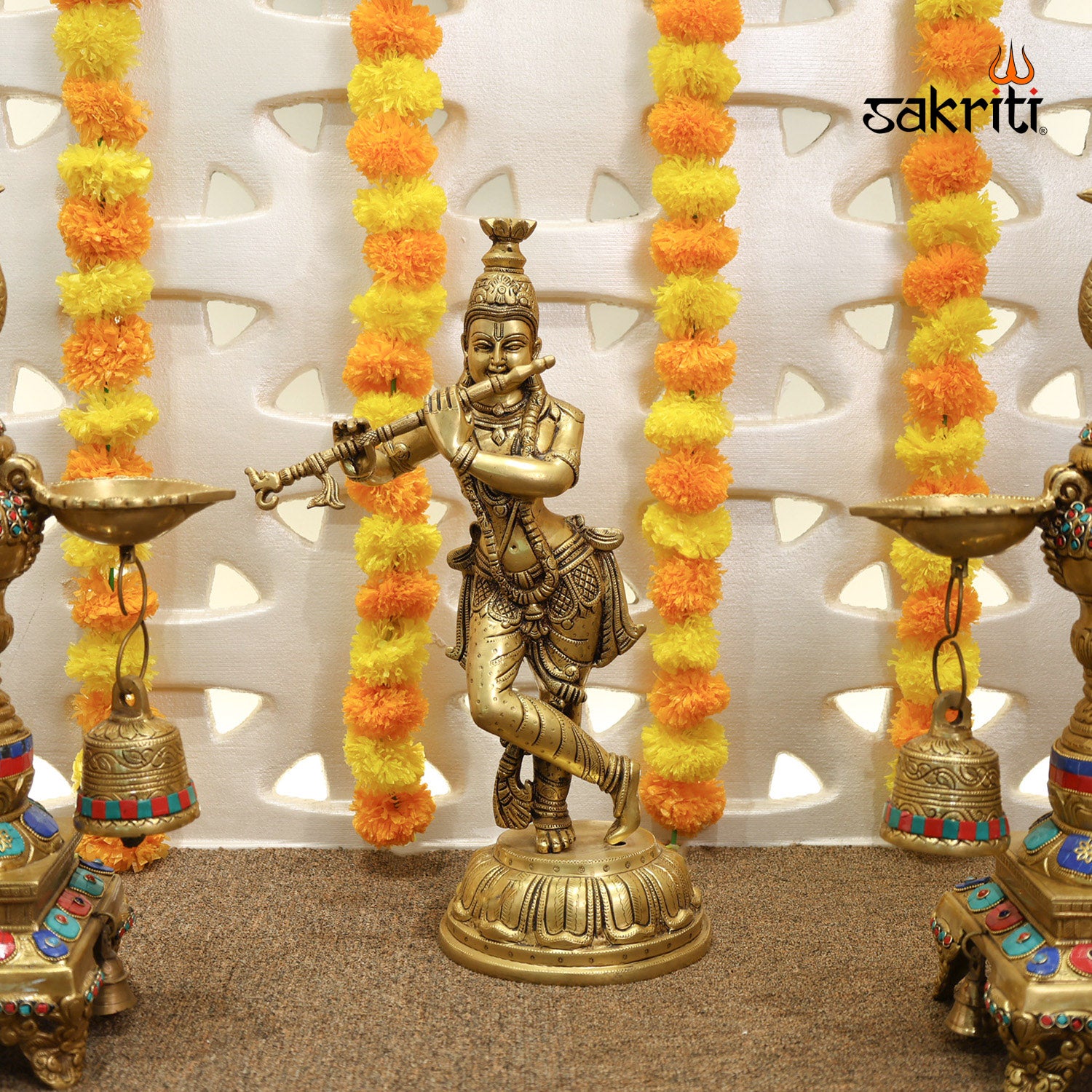 Brass Flute Krishna – 19 Inch Lord Krishna Playing Flute for Devotiona ...