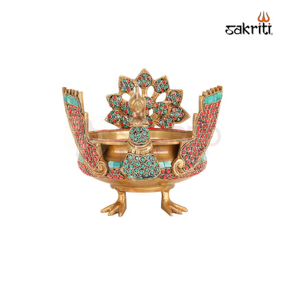 BRASS ANTIQUE PEACOCK URLI WITH STONE