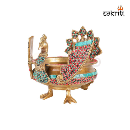 BRASS ANTIQUE PEACOCK URLI WITH STONE