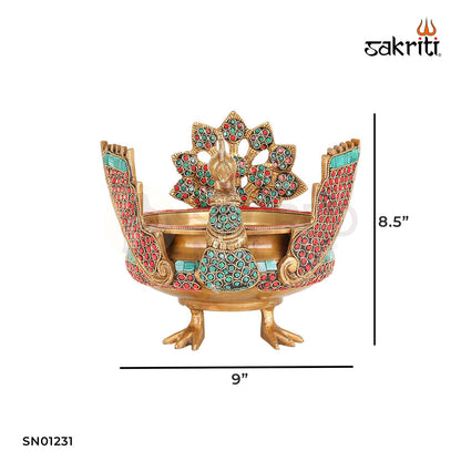 BRASS ANTIQUE PEACOCK URLI WITH STONE