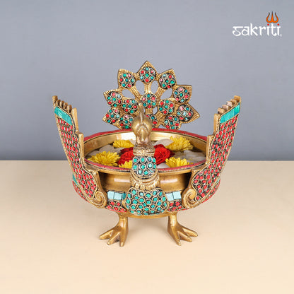 BRASS ANTIQUE PEACOCK URLI WITH STONE