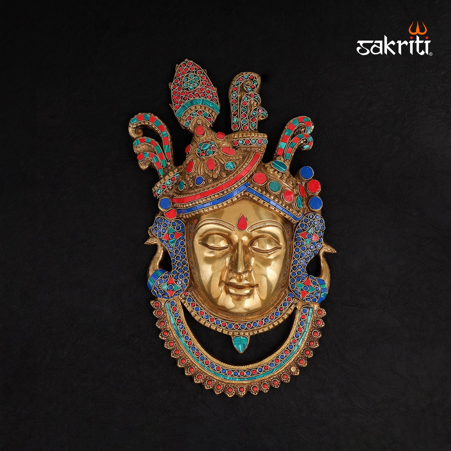 BRASS KRISHNA HEAD WITH STONE