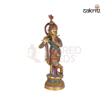 BRASS KRISHNA WITH STONE