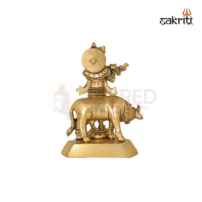 BRASS KRISHNA WITH COW