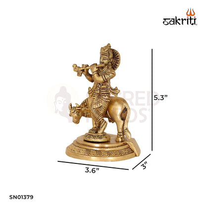 BRASS KRISHNA WITH COW