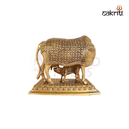 Brass Cow & Calf – 8.4 Inch Indian Cow Idol for Puja