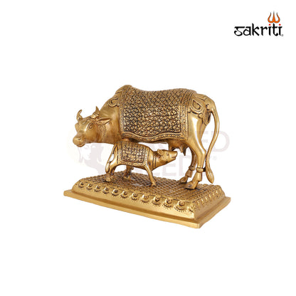 Brass Cow & Calf – 8.4 Inch Indian Cow Idol for Puja