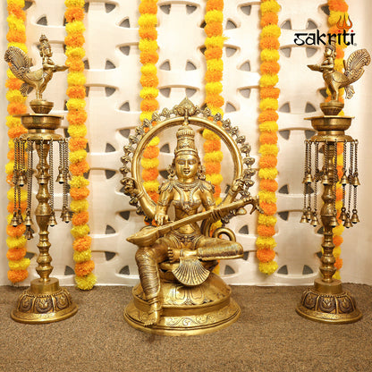 Brass Saraswathi with Arch – 26.5 Inch Goddess of Wisdom