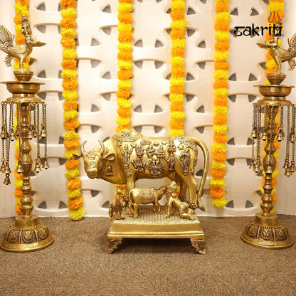 Cow & Calf with Ladoo Krishna – 16.7 Inch Divine Family Idol