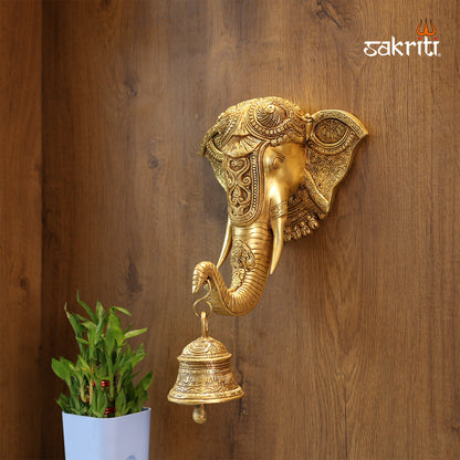 BRASS WALL HANGING ELEPHANT HEAD WITH BELL