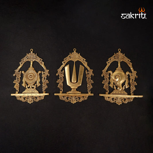 BRASS SHANKH CHAKRA NAMAM WALL HANGING PLATE SET