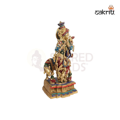 BRASS COW & KRISHNA WITH STONE