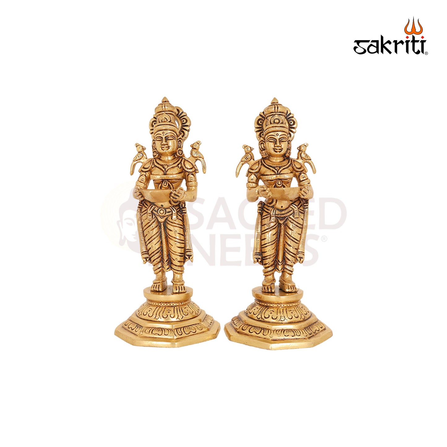 Brass Pavai Vilakku (2 Pieces Set) – 9 Inch Traditional Oil Lamps