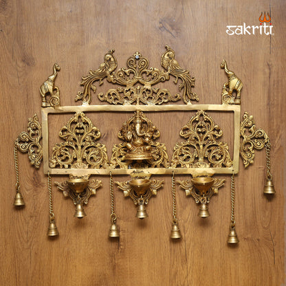 Brass Laxmi Ganesh Saraswati Wall Hanging – 25.5 Inch length with Deepam for Puja Decor