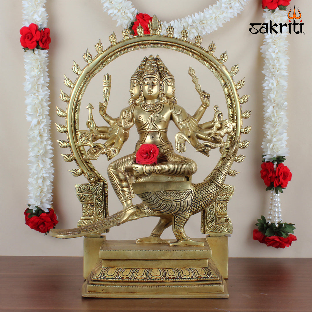 Brass Arumugam – 17 Inch Lord Murugan with Six Faces Idol for Devotional Worship