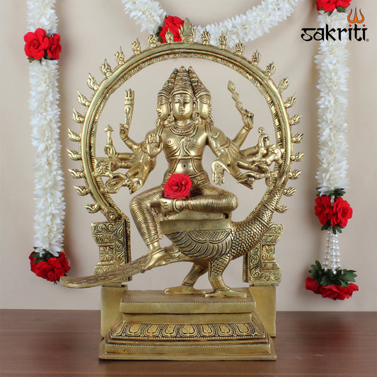 Brass Arumugam – 17 Inch Lord Murugan with Six Faces Idol for Devotional Worship