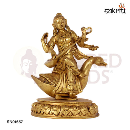 Brass Saraswathi with Swan – 13.7 Inch Goddess of Wisdom Idol with Swan