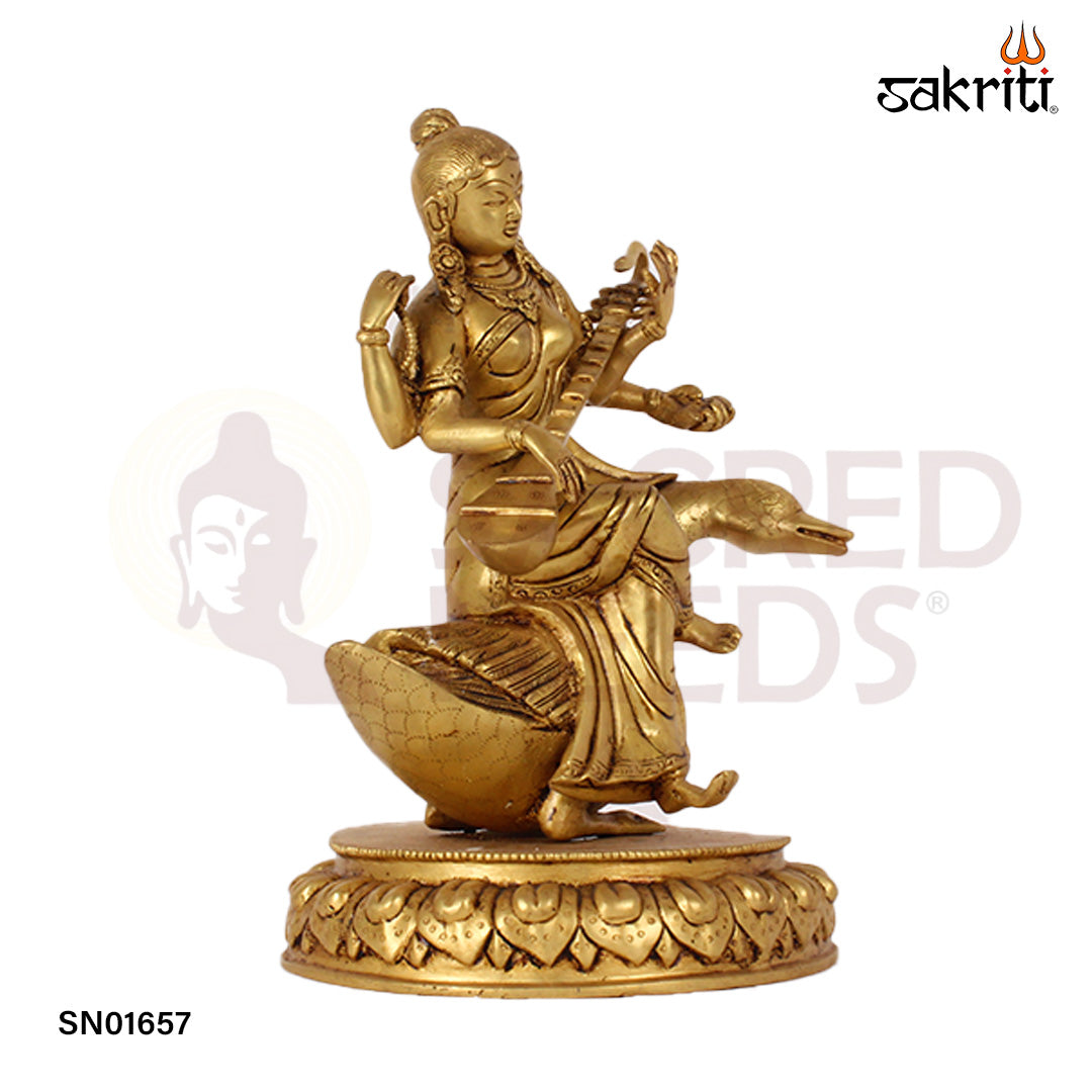 Brass Saraswathi with Swan – 13.7 Inch Goddess of Wisdom Idol with Swan