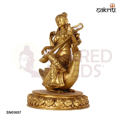 Brass Saraswathi with Swan – 13.7 Inch Goddess of Wisdom Idol with Swan